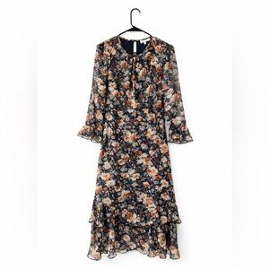 Böhmé Floral Boho Midi Dress Size S Long Sleeve Ruffle Hem